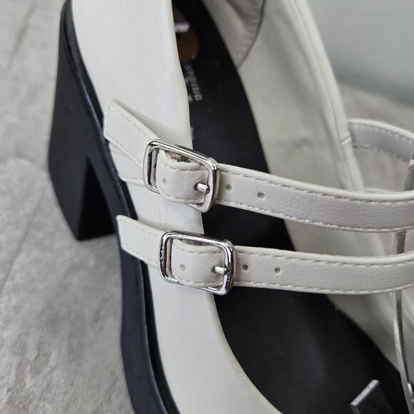 Mary Jane Pumps 8 White Faux Leather Block Heel Preppy Lolita Comfort Dress Shoe - Picture 11 of 13